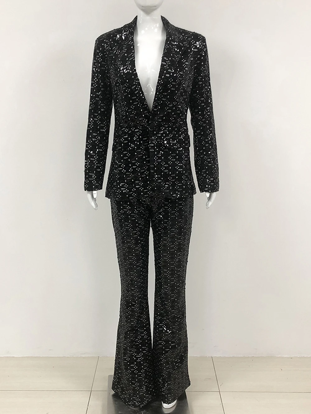 Modphy Elegant Sequin Silk Blazer Pants Runway Suit Sets Luxury Long Sleeve Blazer Slim Lady formal Pants Two pieces Sets Autumn