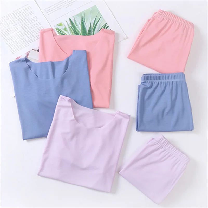 Children's Solid Color Pajamas Summer Long Short Sleeve Air Conditioning Clothing Comfort Pure Cotton Parent-child Pajamas