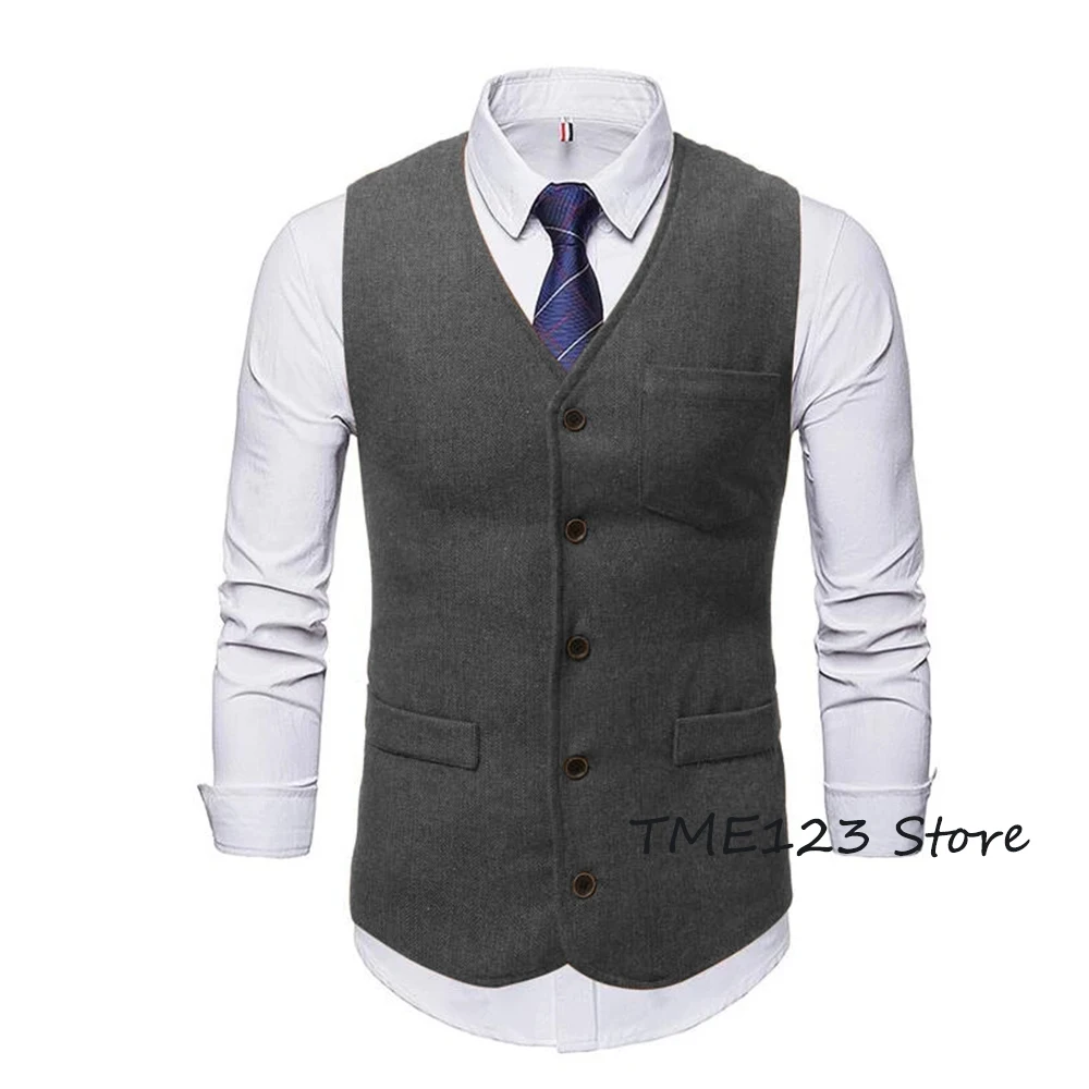 Men's Suit Vest V Neck Wool Business Casual Gentleman Groom Best Man Vests Party Coat Sleeveless Jacket chaleco hombre