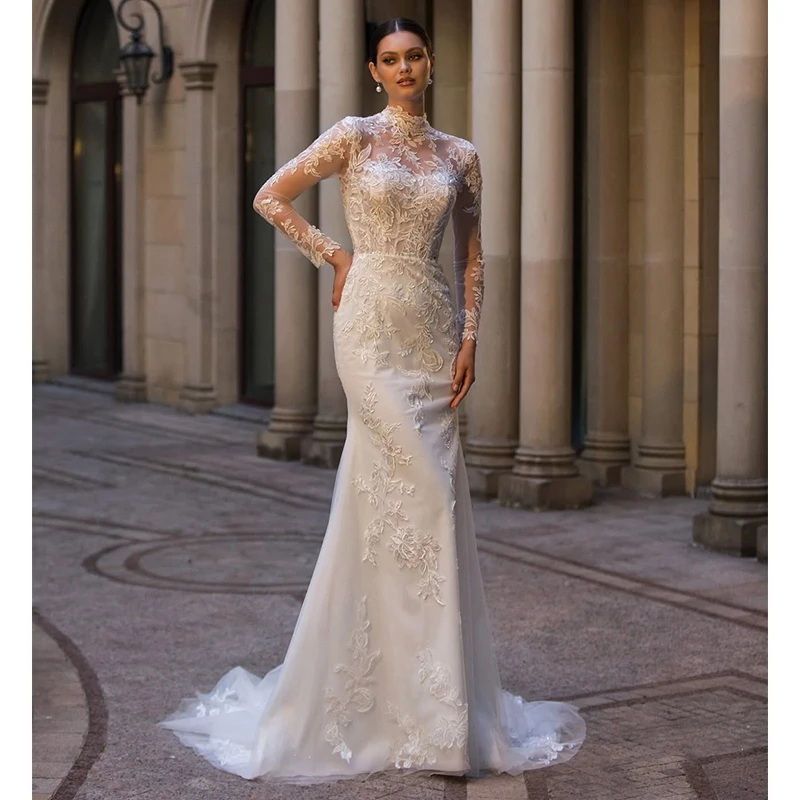 

Graceful Wedding Dress Organza With Embroidery Mermaid Ball Gown High-Neck Full Sleeve Customized Bride Dress Vestido De Novia