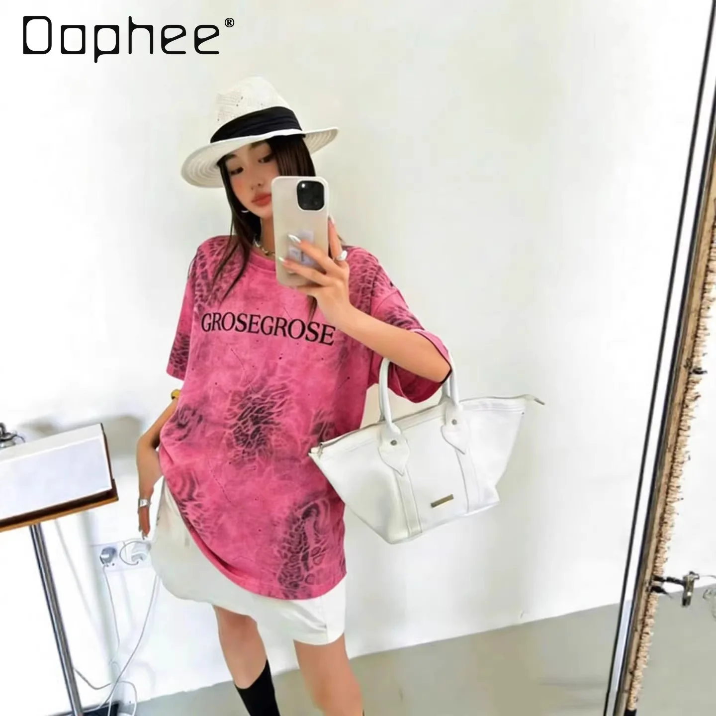 

European Trend T-shirt Women's Summer New Printing Ink Splashing Tie-dye Fashion Round Neck Short-sleeved Top
