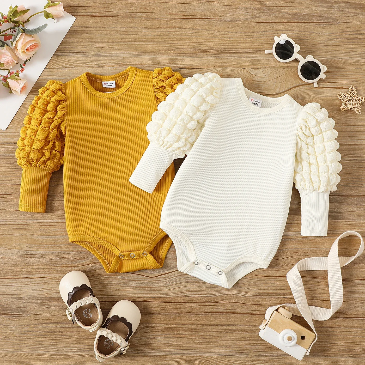 PatPat Baby Girl Solid Ribbed Spliced Gigot Sleeve Romper Solid color Suitable for Autumn Season Casual/Outdoor Sweet