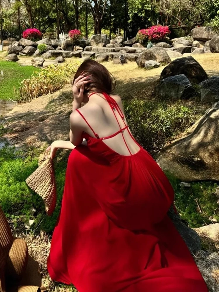 

Red Backless Elegant Dress Women Strapped Summer Holiday Party Maxi Clothing Lady Streetwear Chic Vestidos Bodycon