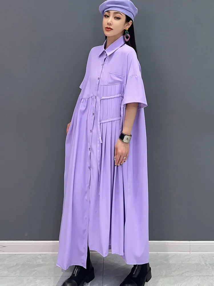 SHENGPALAE Violet Dress For Women 2024 Summer New Irregular Fold Dresses Elegant Fashion Casual Female Robe Y2k Clothes 5C1012