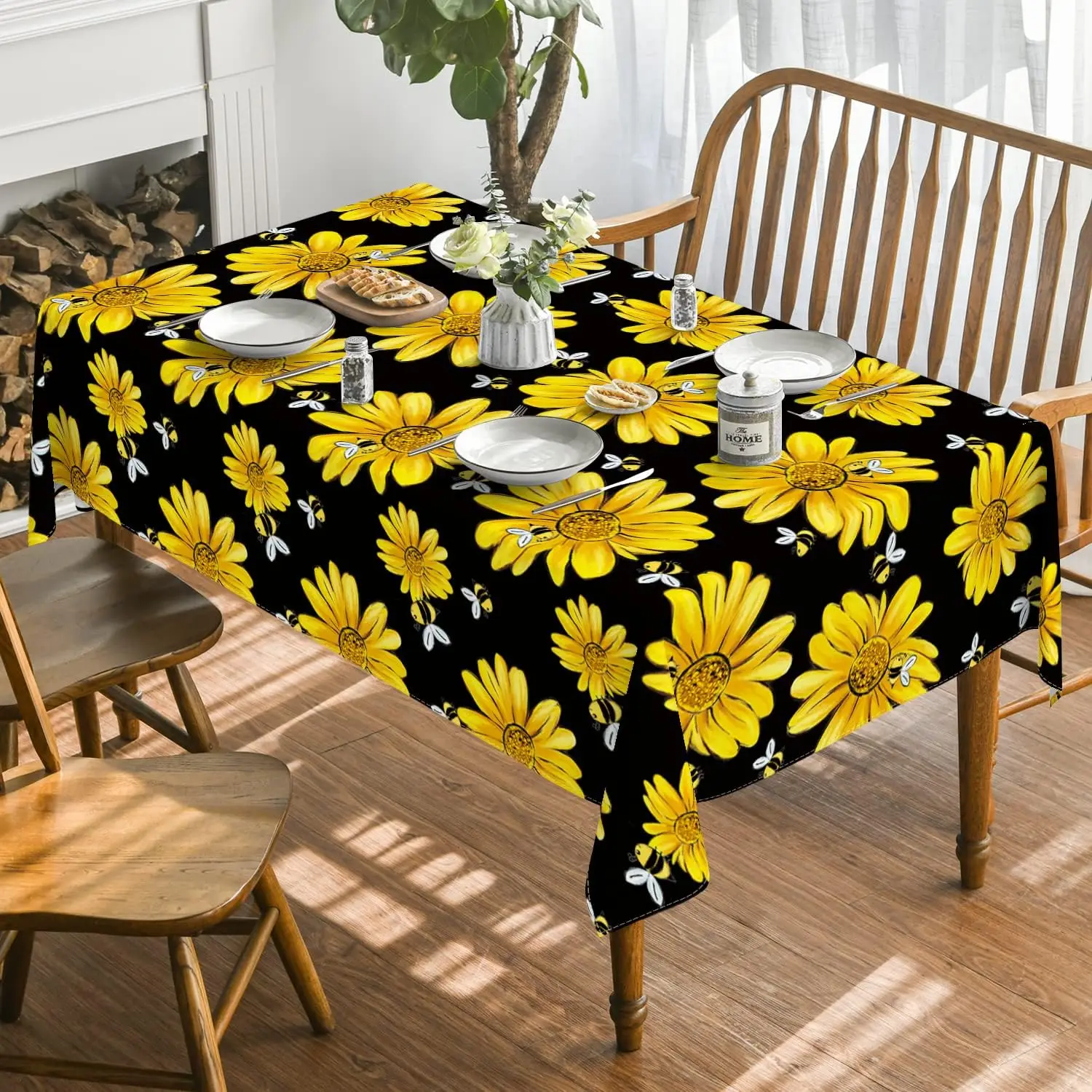 Spring Yellow Sunflower Printed Tablecloths Bumble Bee White Washable Table Cover for Kitchen Table Decor Wedding Party Decor
