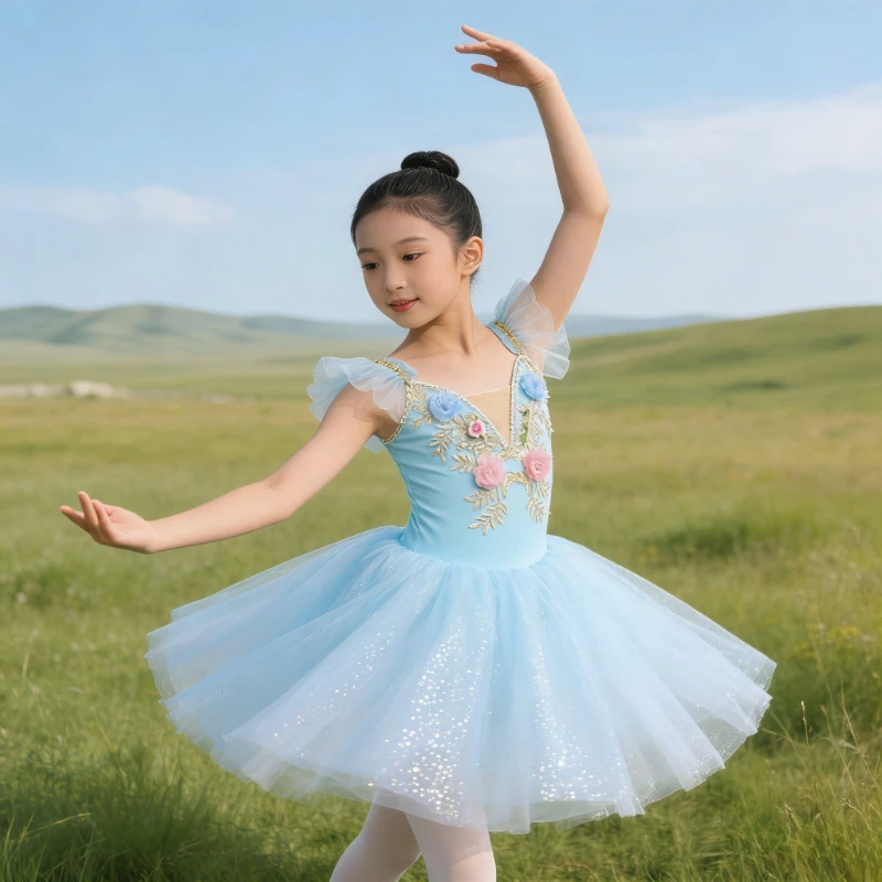 

Girls Ballet Leotard Dress with 3D Flowers, Sparkly Tulle Skirt 3-8Y Kids Dance Costume for Performance Birthday Party