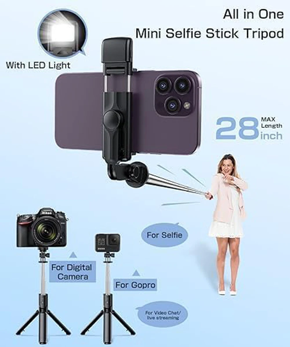 Bluetooth Wireless Selfie Stick Tripod Stand with Light Remote Extendable Tripod for iPhone Mobile Phone Tiktok Live Streaming