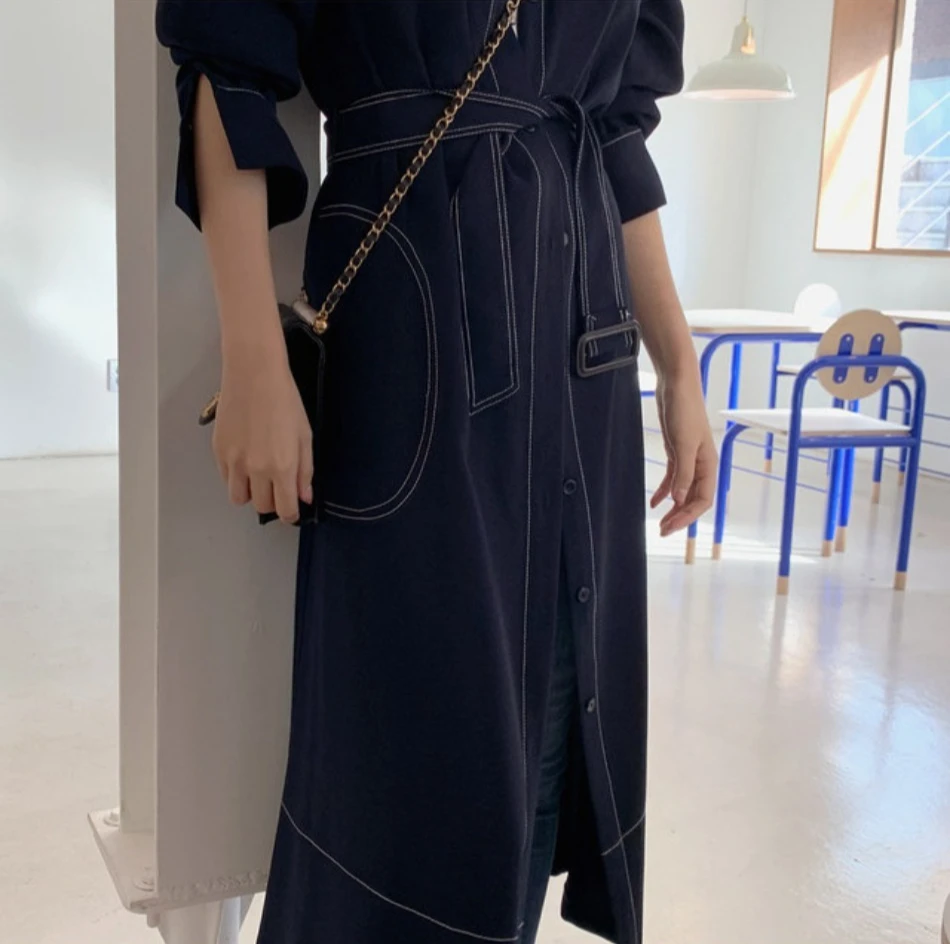 Neues Frühlings-Herbst-Einreihiges Damen-Hemdkleid mit Stehkragen, koreanischer Casual-Stil, gerade geschnitten, elegantes langes Kleid für Damen. – Detail 6