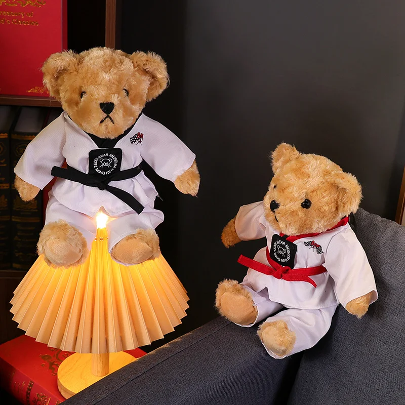 Funny Kawaii Teddy Bear Wear Taekwondo Uniform Plushie Doll Soft Stuffed Animal Brown Bear Plush Toys Kids Girls Valentine Gifts