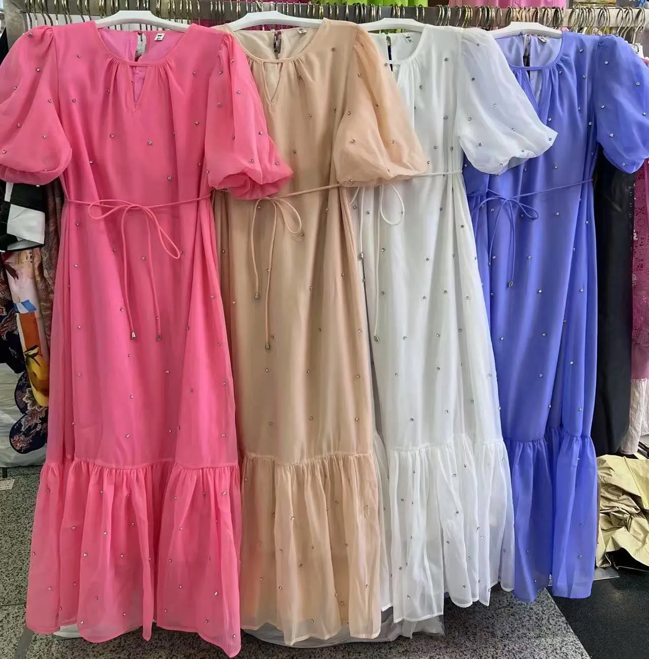 Robe de soirée de luxe en cristal pour femmes, manches courtes, perles, ample, mi-longue, élégante, tenue de soirée, été, automne