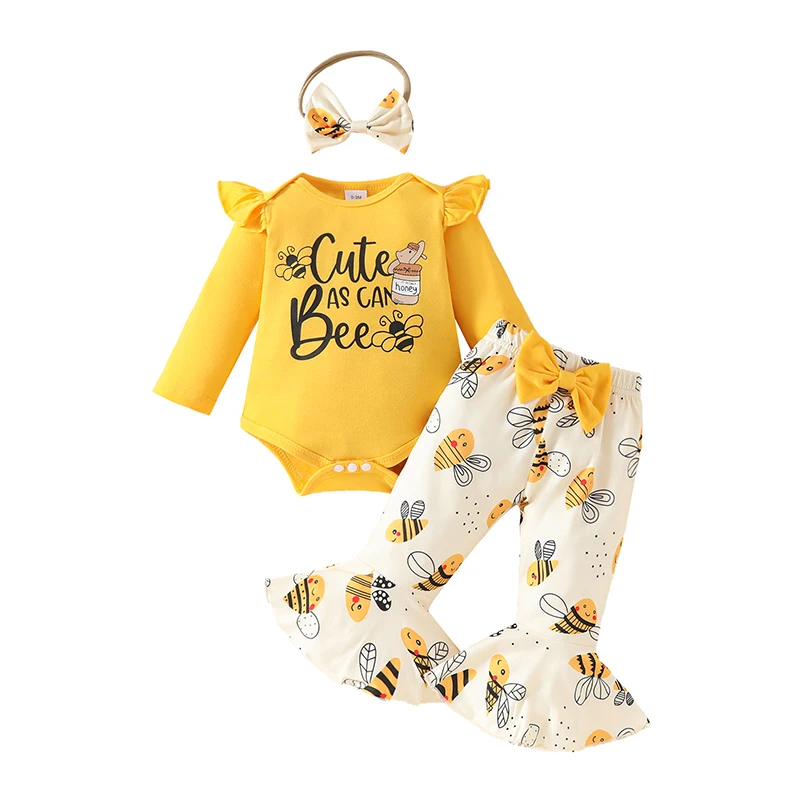 Baby Mädchen 3 Stück Herbst Outfits Langarm Biene Print Stram pler Hosen Stirnband Set Baby kleidung