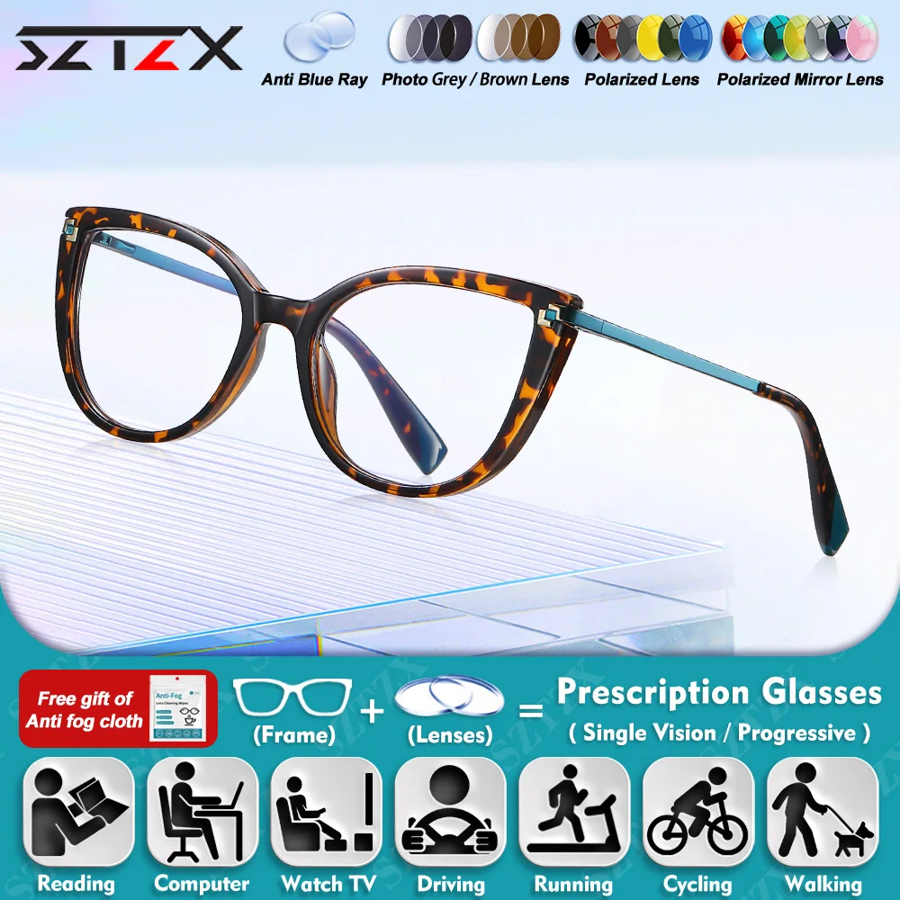 

SZTZX Classic Cat Eye Women Myopia Photochromic Reading Glasses High Quality Anti Blue Light Multifocal Prescription Eyeglasses