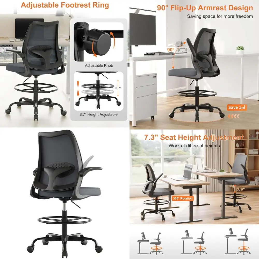 

Эргономичное высокое офисное кресло с регулируемой подставкой для ног, поясничной поддержкой и откидными подлокотниками для домашнего офиса, серое