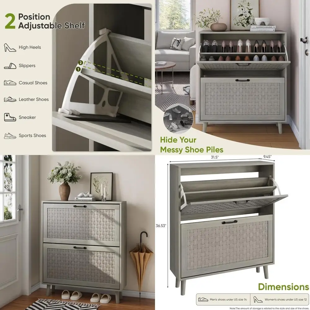 

Handcrafted Rattan Shoe Cabinet with 2 Folding Drawers, Slim Storage for Entryway, Rustic Oak Shoe Rack