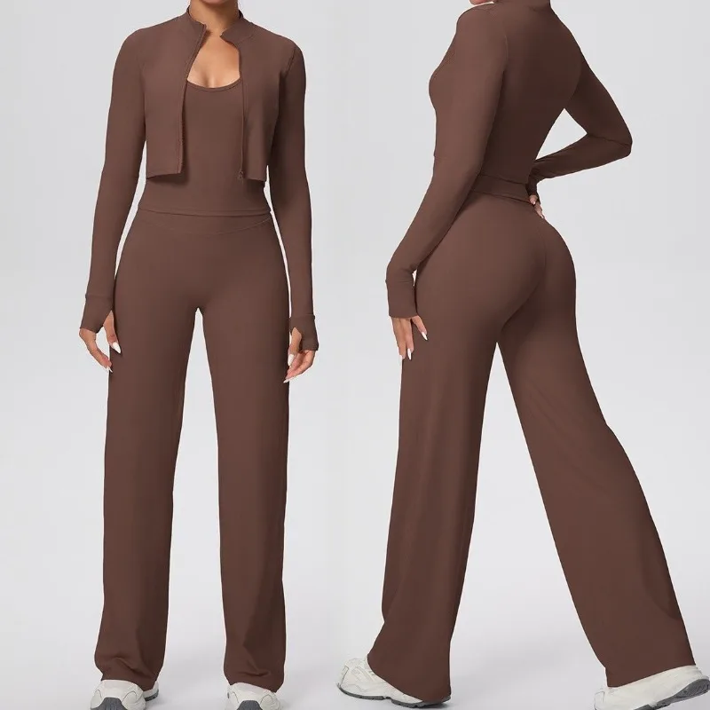 

Women's Tight Fitting Sandblasting Yoga Set Quick Drying Slim Fit Vest Wide Leg Long Three Piece Set Sports Outdoor Fitness Set