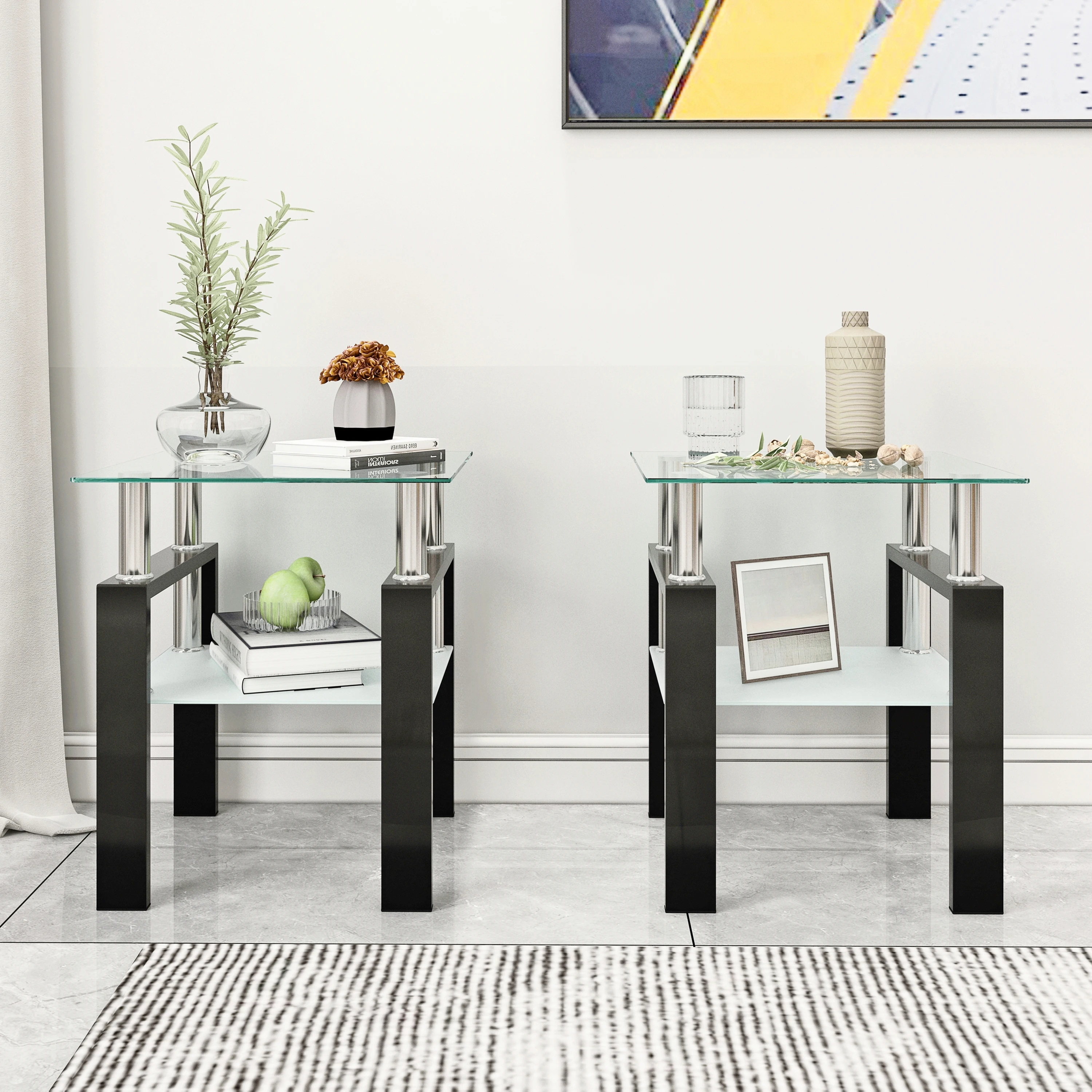 Set of 2, Modern Tempered Glass Tea Table Coffee Table End Table, Square Table for Living Room