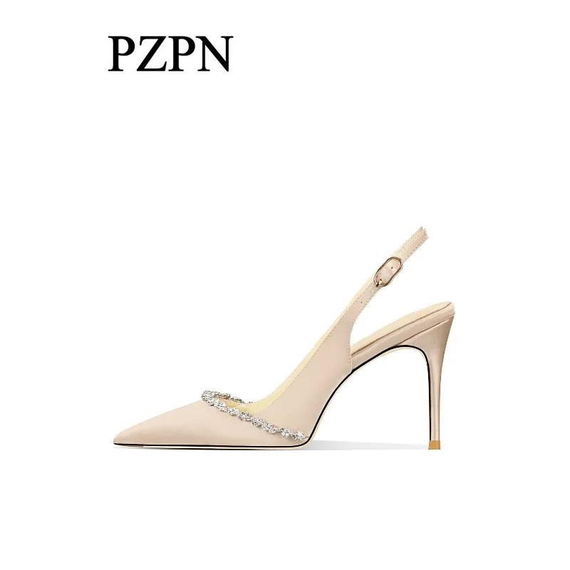 Champagne Colored Silk Satin Rhinestone High-Heeled Shoes for Women, 2026 New Model, Pointed Thin Heel, Niche Summer Toe Sandals