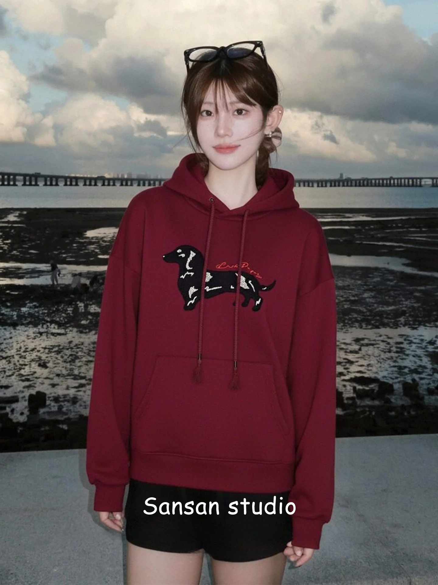 

Retro American Red Hoodie Women's Spring Faion Dog Print Heavy Long Sve Loose Slimming Top Trendy Streetwear