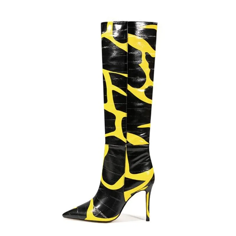

Sexy Black Yellow Mixed Colors High Heel Boot Pointed Toe Slip On Shallow Woman Winter Knee High Tall Boots Big size43