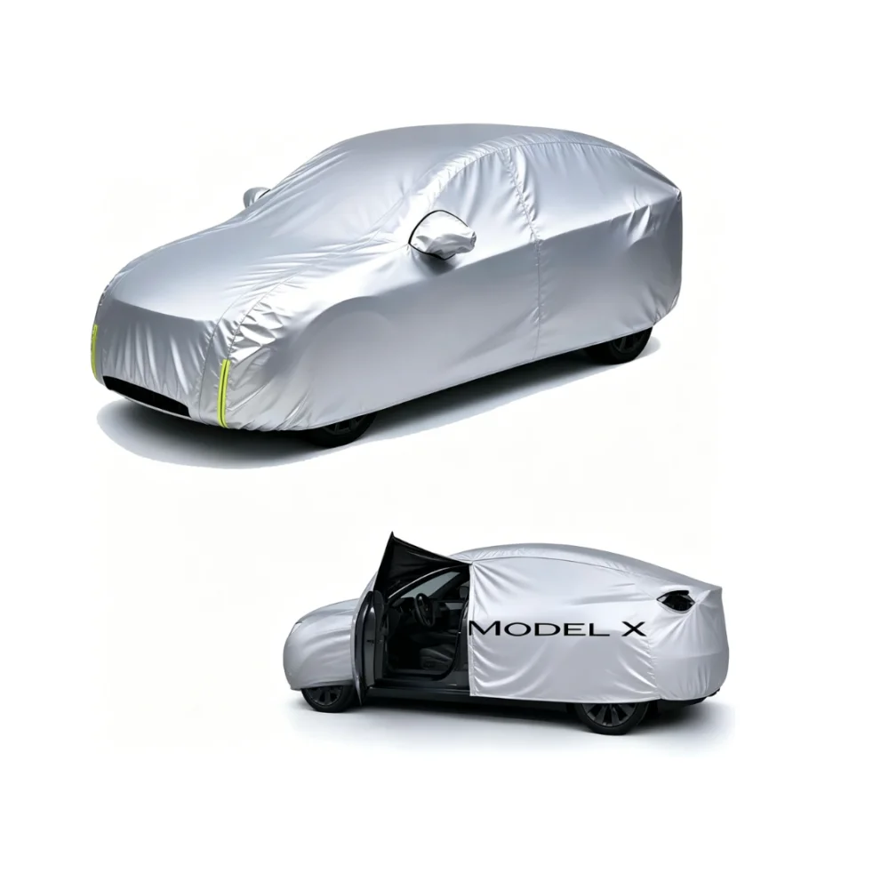 Custom Fit Car Cover For Tesla Model X 2015-2026 All-Weather Waterproof Cover with Door Zipper, Charging Port Ventilated Mesh