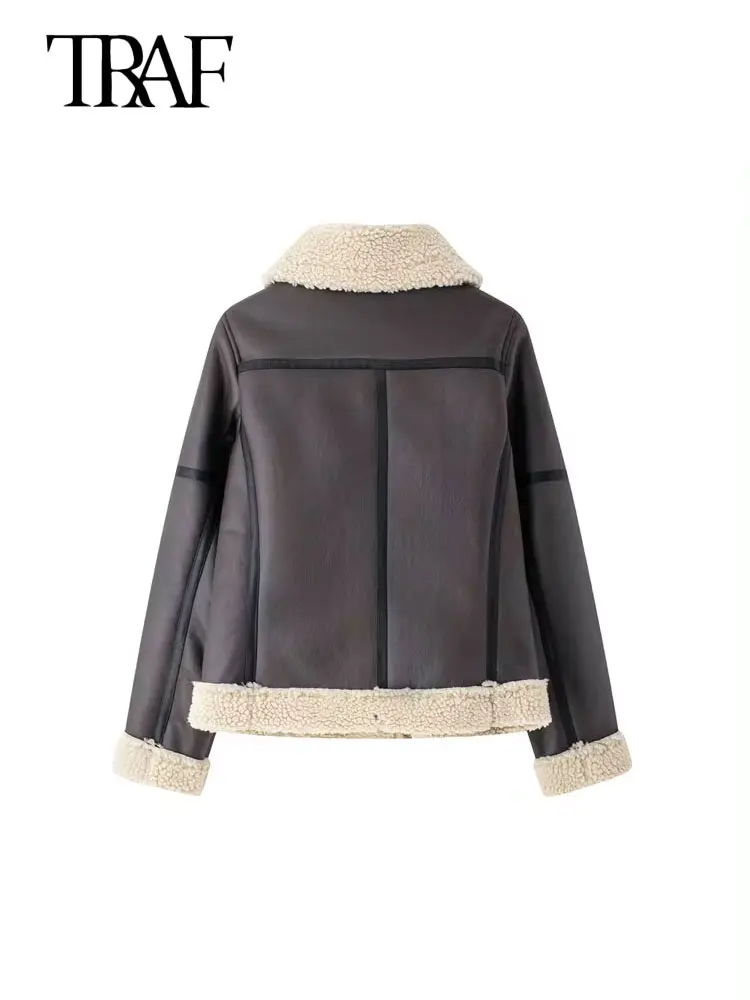 TRAF-giacca in pelle scamosciata calda e spessa da donna con cintura, cappotti a maniche lunghe, taglio finto, capispalla femminile, top Chic, moda