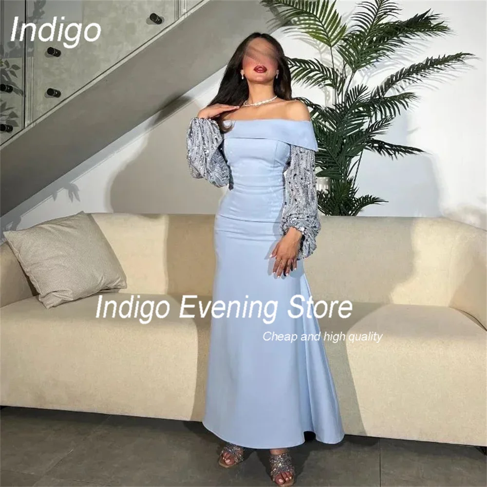 Indigo elegante sereia fora do ombro manga longa aberto volta renda vestido de noite festa vestido de baile formal فساتṁ1] personalizado