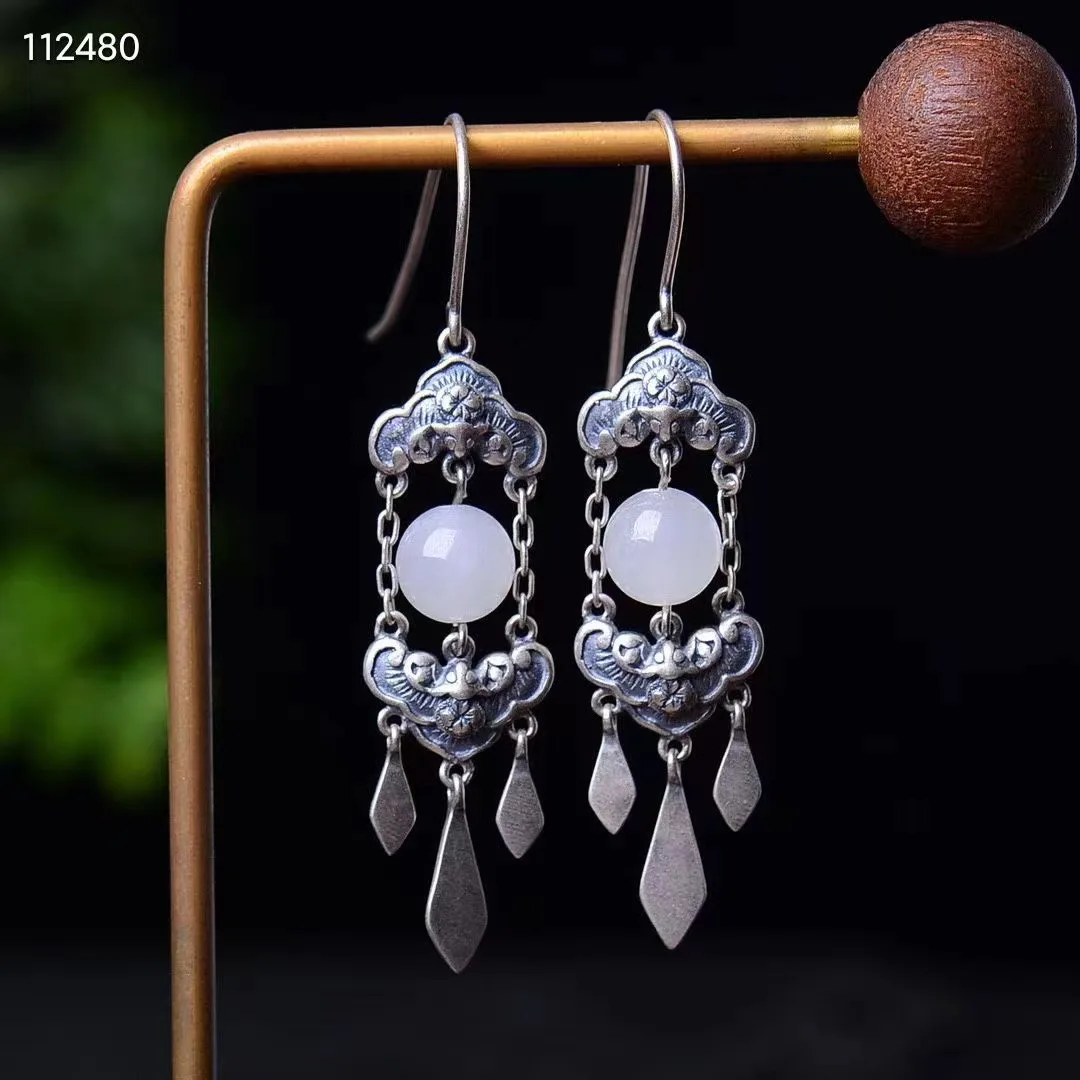 

Natural 100%real925sterling silver Retro earrings mosaic white hetian jade tassels beads fashion Earrings temperament women gift