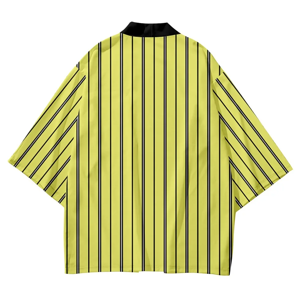 كيمونو الشارع الشهير الرجال النساء سترة Haori يوكاتا بلايز رداء الملابس حجم كبير أصفر أزرق برتقالي شريط الشاطئ النمط الياباني #2