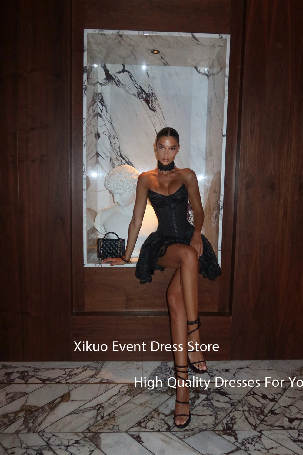 Xikuo ミニブラックレースのイブニングドレス恋人セクシーなコルセットウエディングドレスアップリケ膝上カクテルドレス女性カスタマイズ