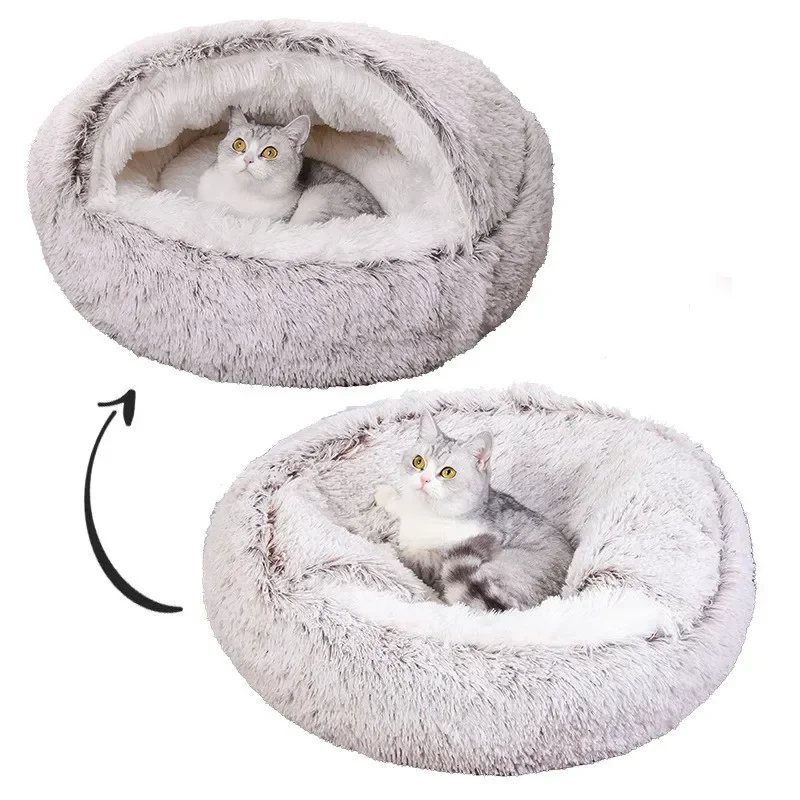 Snooze Cat Bed Round Plush Fluffy Hooded Cozy Cat Bed Cave for Indoor Donut Self Warming Small Dog Bed Anti-anxiety Puppy Kennel