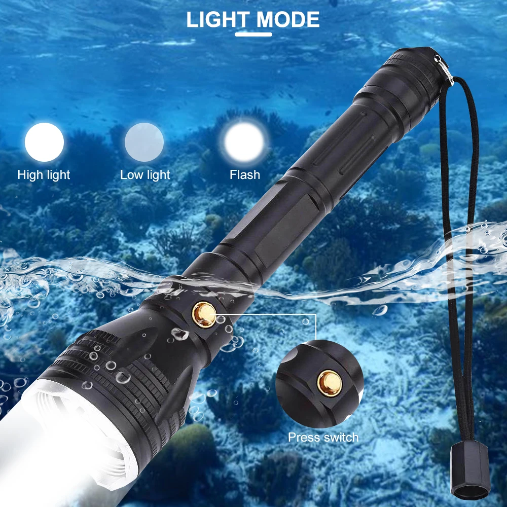 Asafee 100M Underwater 1200LM Yellow/White Light L2 LED Diving Flashlight Waterproof Torch Press Switch Scuba Lantern