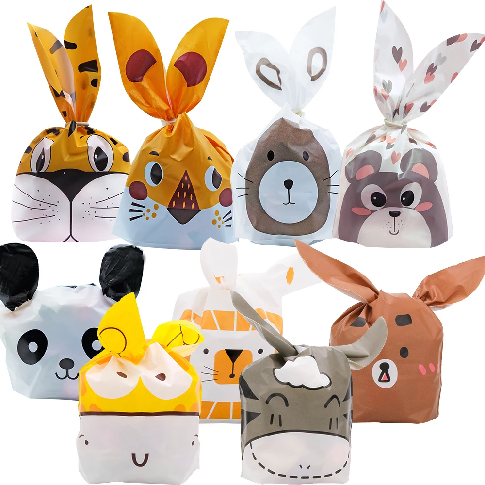 10/20pcs Carton Plastic Animal Candy Bags Rabbit Ear Bags For Biscuits Baking Packaging Supplies Kids Birthday Party Decoration