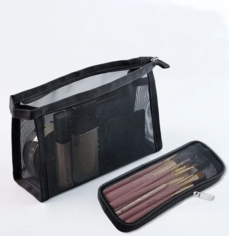 Saco cosmético de malha preta para mulheres Organizador de maquiagem Lipstick Brush Bag Zipper de viagem Bolsa de cosméticos Moda simples