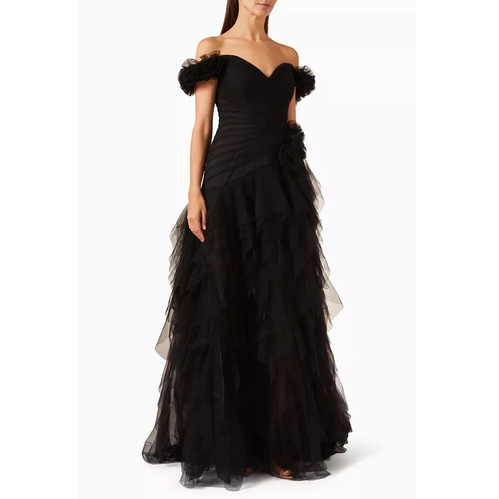 Vestidos largos con hombros descubiertos y flores hechos a mano, plisados de tul Retro personalizados, vestidos para ocasiones a medida, exquisitos, formales y sexys