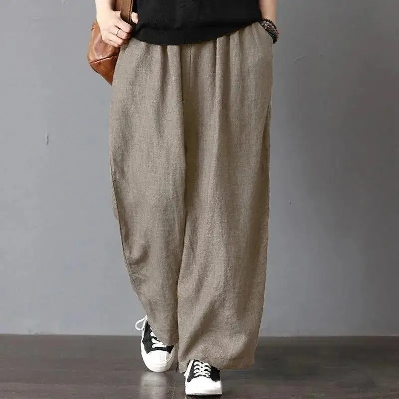 Spring summer autumn Dad men cotton hemp casual pants retro Zen cotton literary style wide leg pants big size