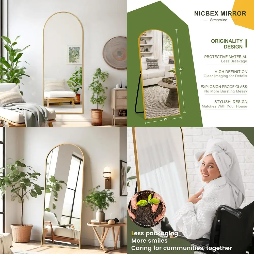 Gewölbter Ganzkörperspiegel aus goldenem Aluminium mit Ständer, freistehend oder an der Wand montierbar