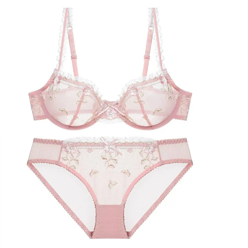 Romantic French Lace Underwear Set White Mesh Embroidery Push‑Up Bra Panty Set Plus Size Gentle Daily Intimate Wear For Ladies