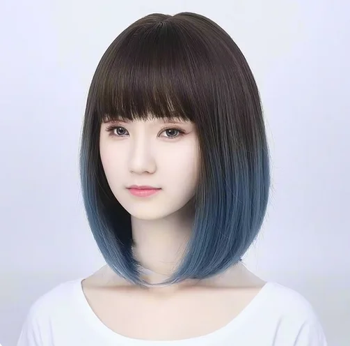 Natural gradient short bob straight hair (with bangs) heat-resistant synthetic wig , suitable for women's daily and real party