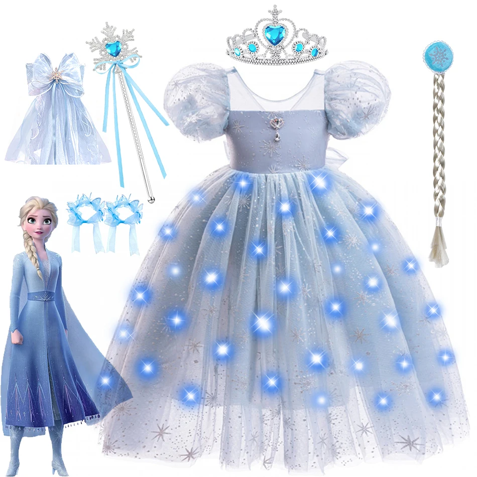 Vestido de princesa Frozen Elsa para niñas de Disney, disfraz de Reina de la nieve con lazo y copo de nieve, vestido de baile para fiesta de cumpleaños y Carnaval para niños