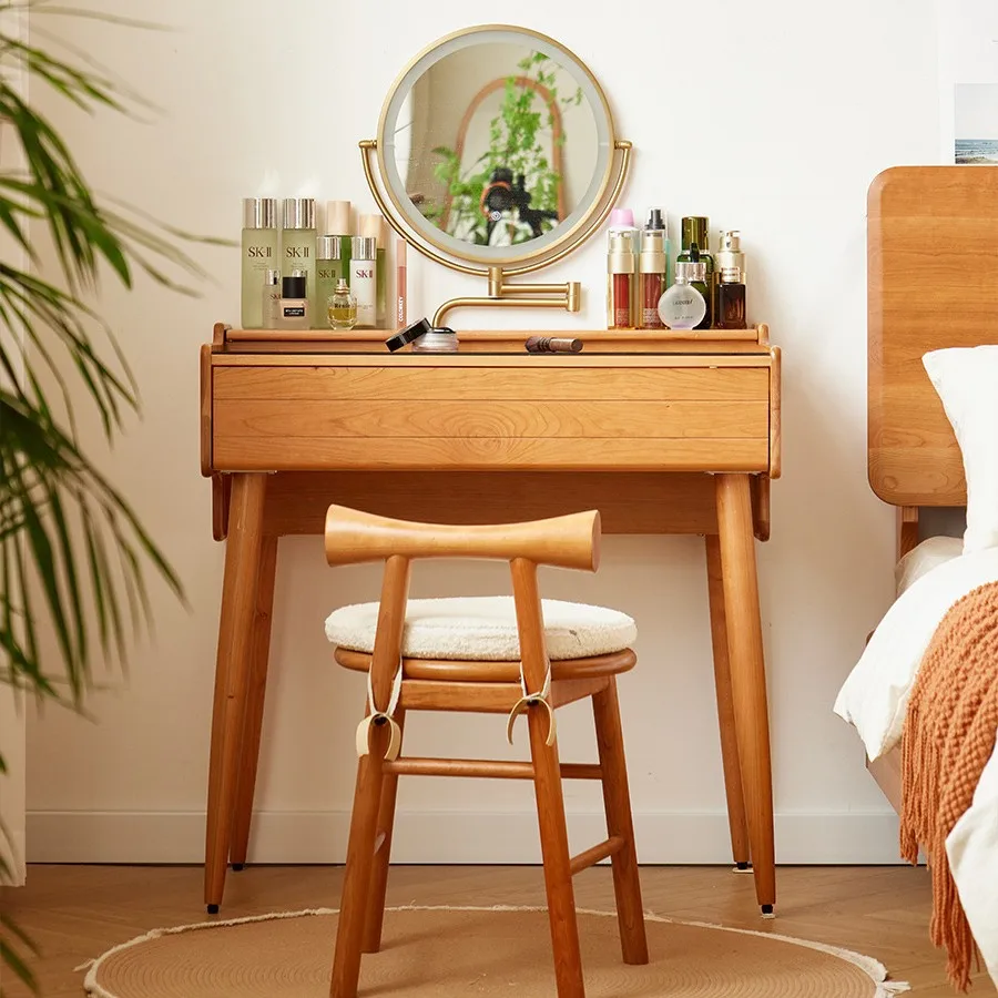 

Nordic style small apartment ultra-narrow solid wood dresser, bedroom retro cherry wood makeup table