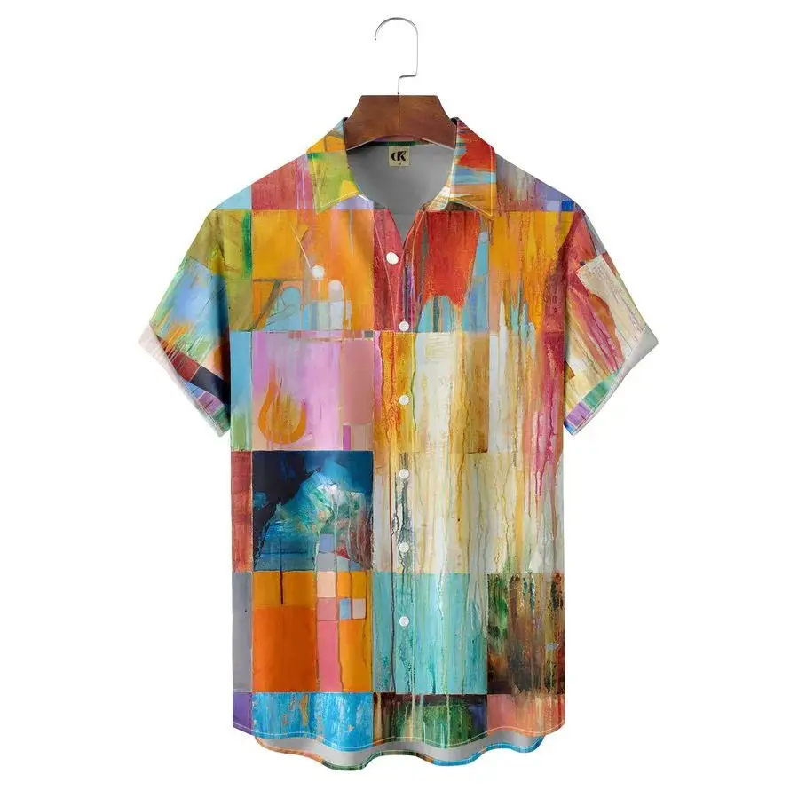 Men's Hawaiian Printed Striped Shirt Short Sleeve Cleanfit Style Inner Wear Casual Shirt for Middle-Aged Men