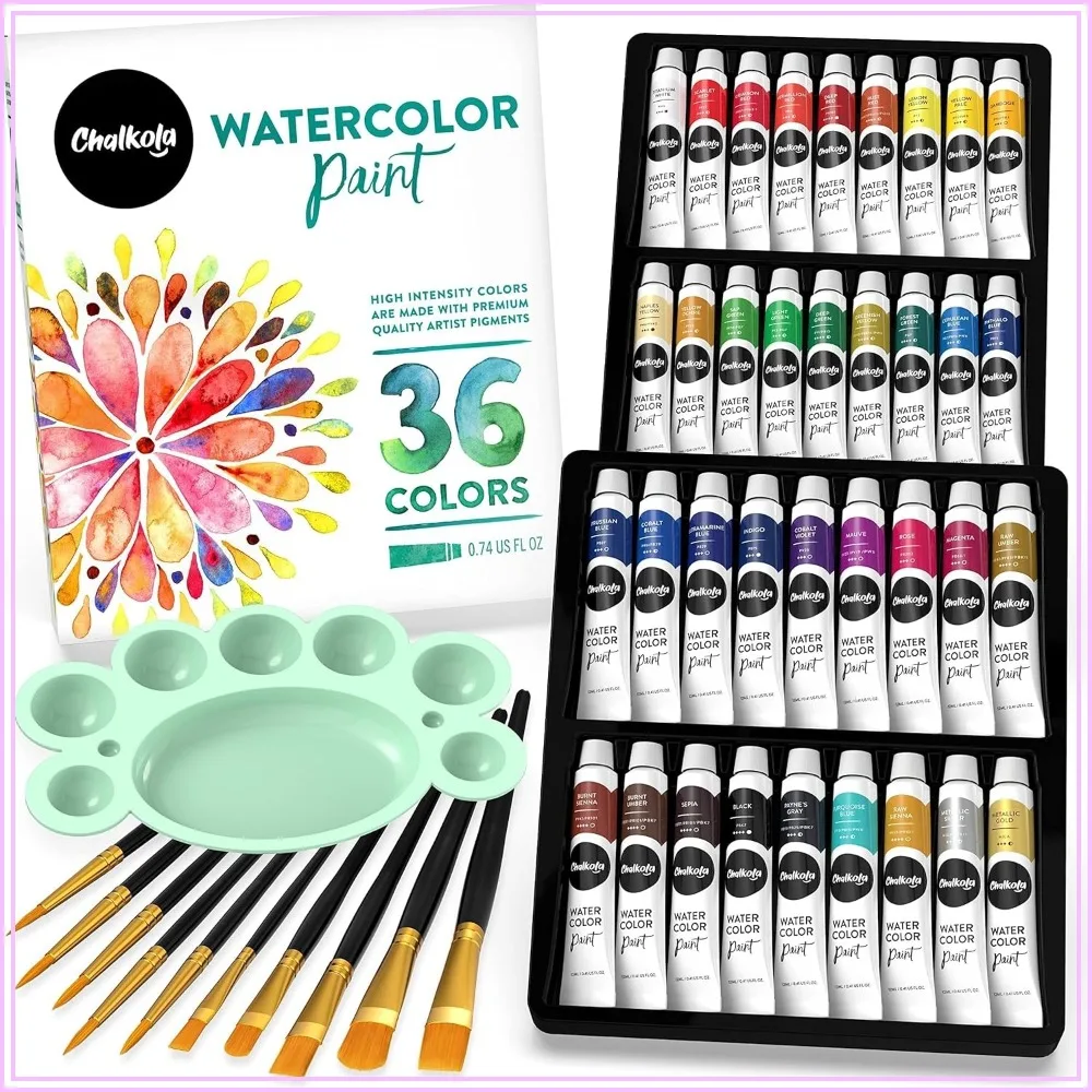 36 Watercolor Paint Set for Adults & Artists - 12ml Tubes, 10 Brushes & Palette - Vibrant Art Supplies