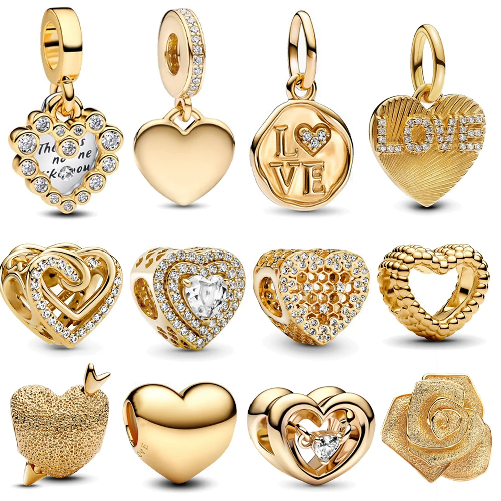 

New Gold Color Love Heart Dangle Charms Fit Original Pan Bracelet DIY Beads Women Jewelry Accessories Valentine's Day Gift