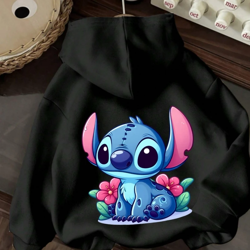 هوديي نسائي بنمط ديزني ستيتش كارتوني وردي ناعم مع قبعة برباط للخريف والشتاء، قابل للغسل في الغسالة