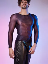 Sexy Men Sheer See Through Long Sleeve T-shirt Oil Glossy Shiny Club Dance Top Stain Smooth Breathable Elastic Stage Wear