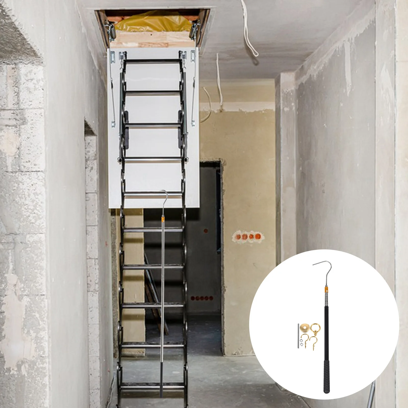 

1 Set Ladder Pull Down System Kit Attic Extension Pole Hook Storage Access Tool Adjustable Awning Puller For Attic Stairs Reach