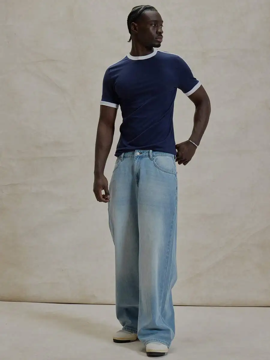 

Contrast Trim Crew Neck Short Sleeve T-Shirt With White Collar And Cuff Detailing For Men Spring Summer