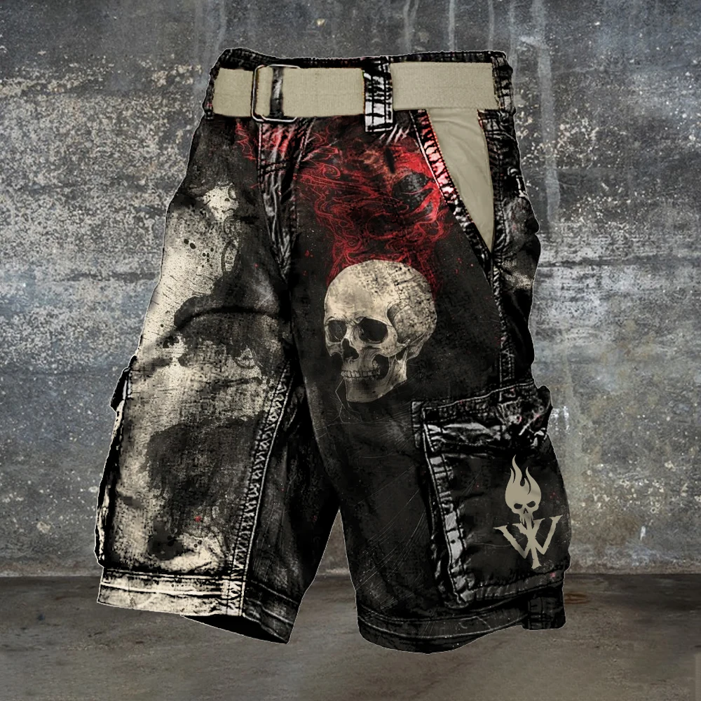 2024 Skeleton Print Multifunctional Work Shorts Suitable for Men's Summer Loose Casual 260g Twill Fabric Waistless Shorts