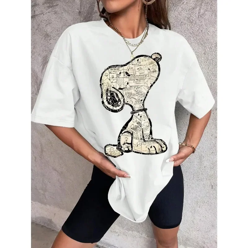 Snoopy Cartoon Anime Women T-shirt Summer Short Sleeve White 100% Cotton Men Tee Shirts Tops 2025 New Fashion Couple Clothing