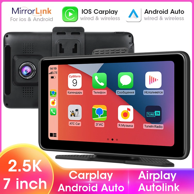 Universal 7" 2,5K Dash Kamera, Drahtlose Carplay Android Auto Bluetooth Auto Stereo, 1080P